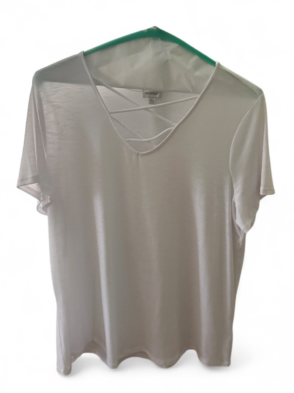 Avenue White Short Sleeve Tee with Crisscross V-Neck